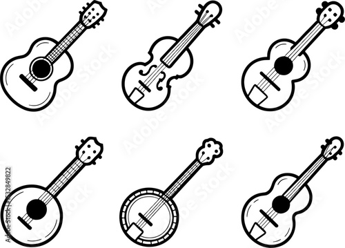 Black White Acoustic Guitar Violin Banjo Collection Musical Instruments