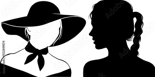 Elegant woman’s silhouette in wide brim hat and profile view for fashion design