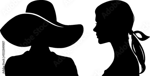 Elegant women's silhouettes in wide brim hat and side profile for fashion design