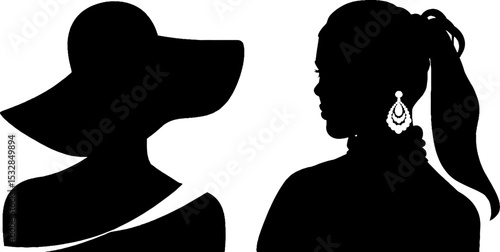 Elegant woman silhouettes with wide brim hat and earrings for fashion design