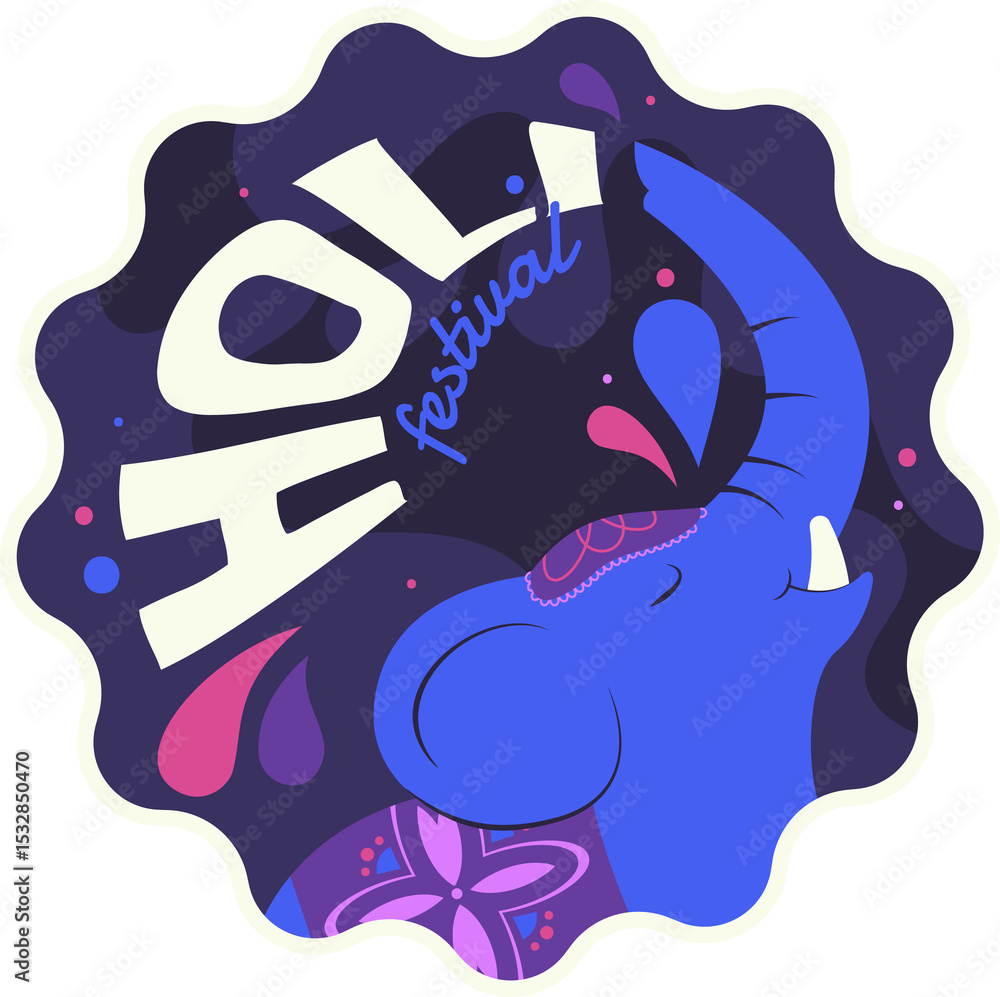 Obraz premium Flat blue elephant head is featuring holi festival text, raised trunk and drops on clear background