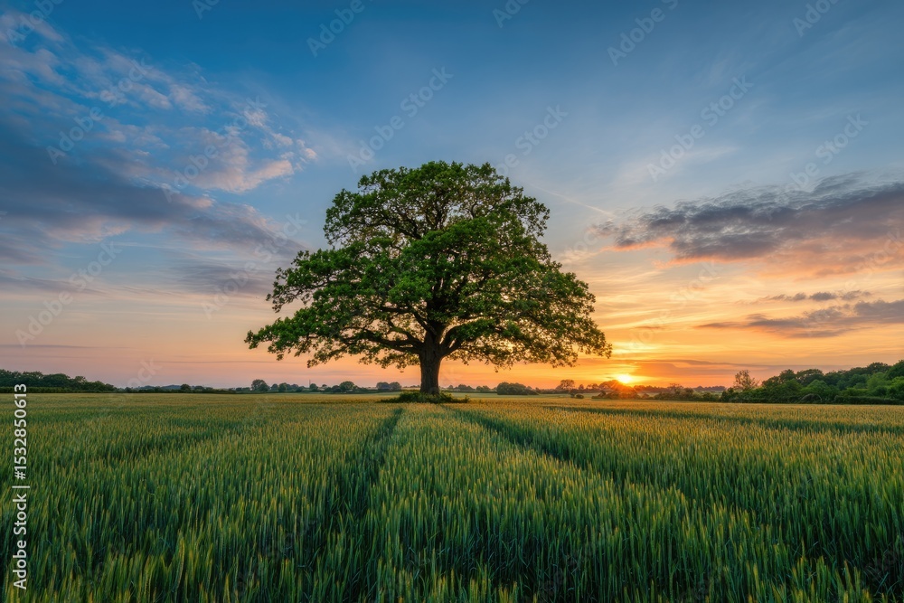 Obraz premium Solitary oak tree in a vibrant green field at sunset, with a colorful sky filled with clouds