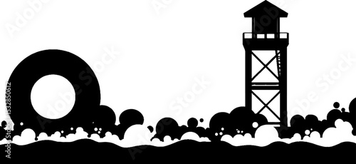 Nautical scene with swimming ring, beach ball, and lifeguard tower silhouette design