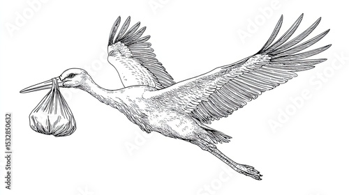 Sketch engraving of flying stork carrying baby bundle in beak in classic vintage black and white style