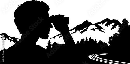 Adventure journey theme with silhouette of traveler watching train tracks amidst scenic mountain backdrop