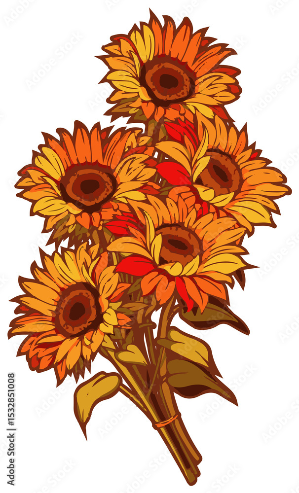 Fototapeta premium Stylized sunflower bouquet is floating in bold outline overlapping petals on transparent background