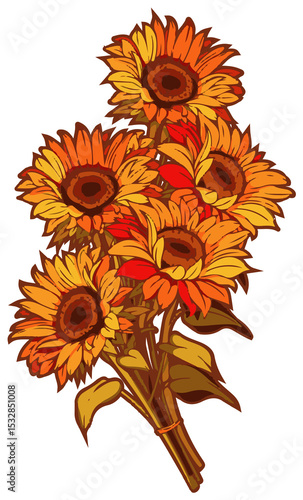 Fototapeta Naklejka Na Ścianę i Meble -  Stylized sunflower bouquet is floating in bold outline overlapping petals on transparent background