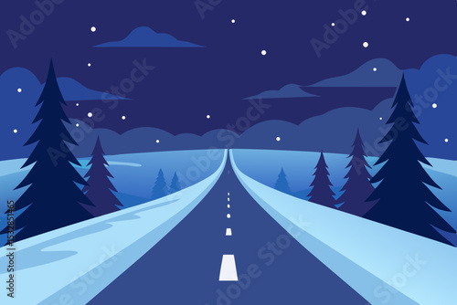 Winter night road through snowy landscape