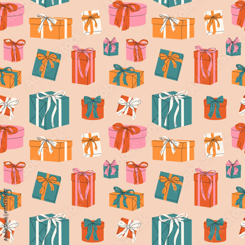 Hand drawn seamless pattern of different gift boxes with bows. Colorful background of present boxes with ribbons in vintage style. Trendy design for print, packaging, wrapping paper, fabric, wallpaper