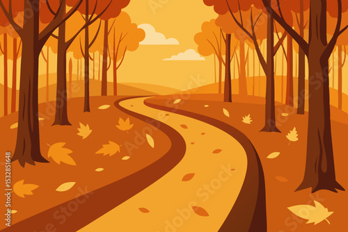 Autumn forest path winding through golden trees