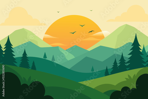 Sunset over green mountains and rolling hills