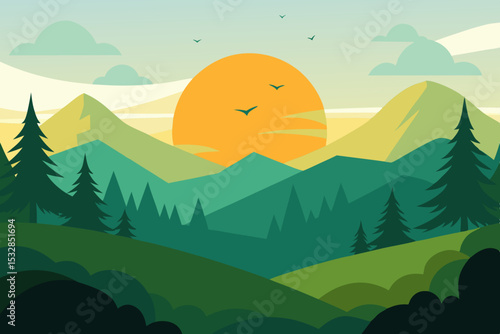 Sunset over green mountains and pine trees
