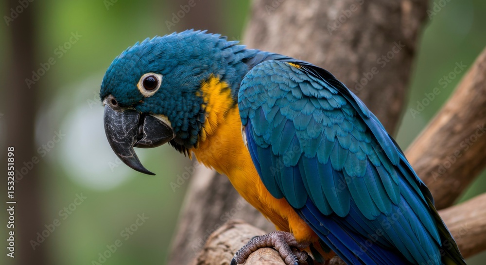 Fototapeta premium Vibrant blue and gold macaw perched on a branch, showcasing its striking plumage and captivating gaze