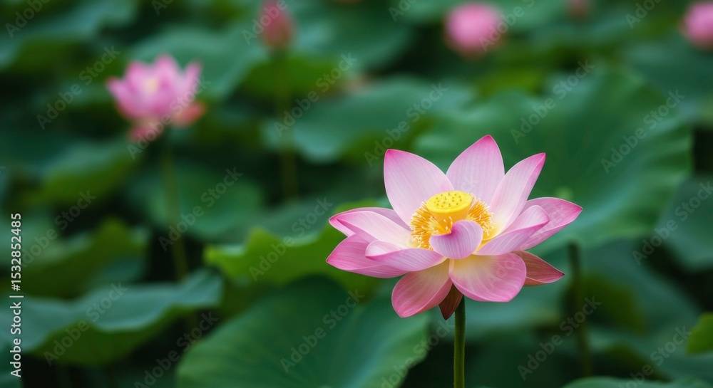 Fototapeta premium A vibrant pink lotus blossom stands out amidst a serene backdrop of lush green leaves and other buds, showcasing nature's beauty