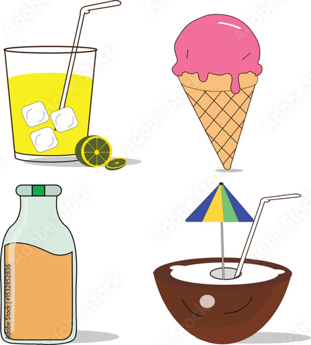 Summer Refreshments, Lemonade, Ice Cream, Juice Bottle, Coconut Drink