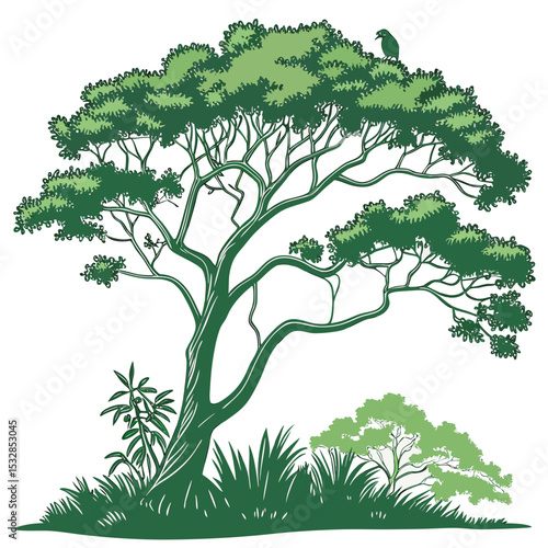 Majestic green tree with bird and lush undergrowth