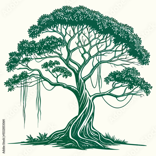 Hand drawn lush tropical tree illustration