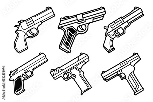 Different handgun illustrations line art gun and bullets on white background 