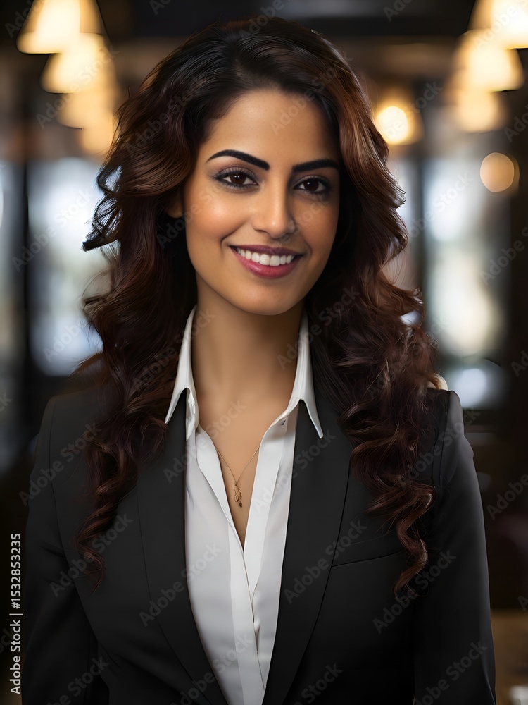 Confident young businesswoman portrait in office setting Confident young businesswoman portrait in office setting