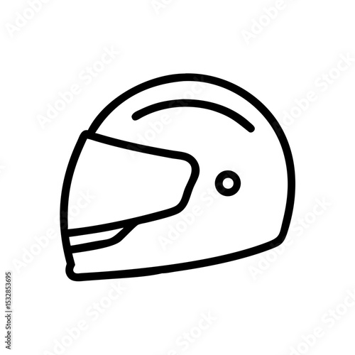 Outline drawing of a protective headgear with visor and a small round detail on the side view shown