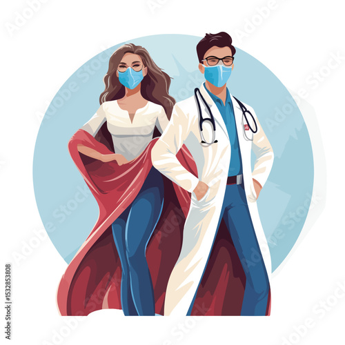 Empowering Female Doctor Fighting COVID-19 with Heroic Cloak Vector Illustration