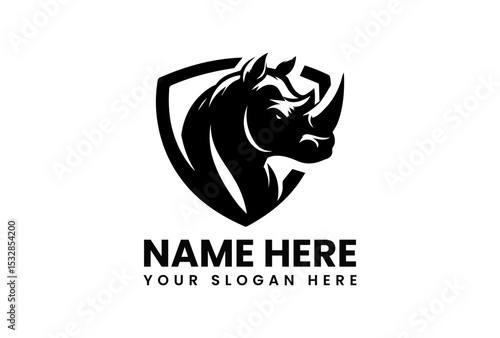 Black vector rhinoceros logo with prominent horn silhouette representing conservation strength and endangered species protection