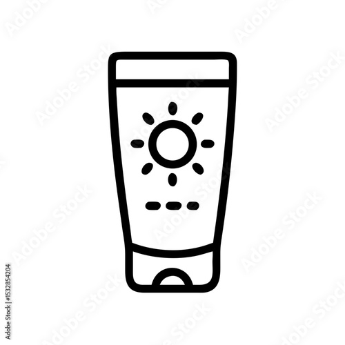 Outline drawing of a tube with a sun symbol for protection from the sun and summer skin care needs