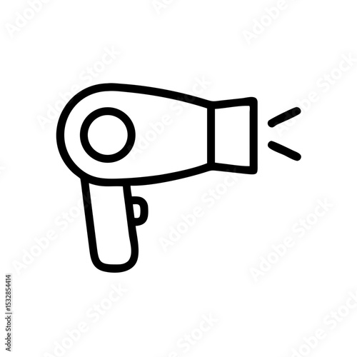 Outline drawing of a hair drying appliance with a handle and air coming out of the nozzle area