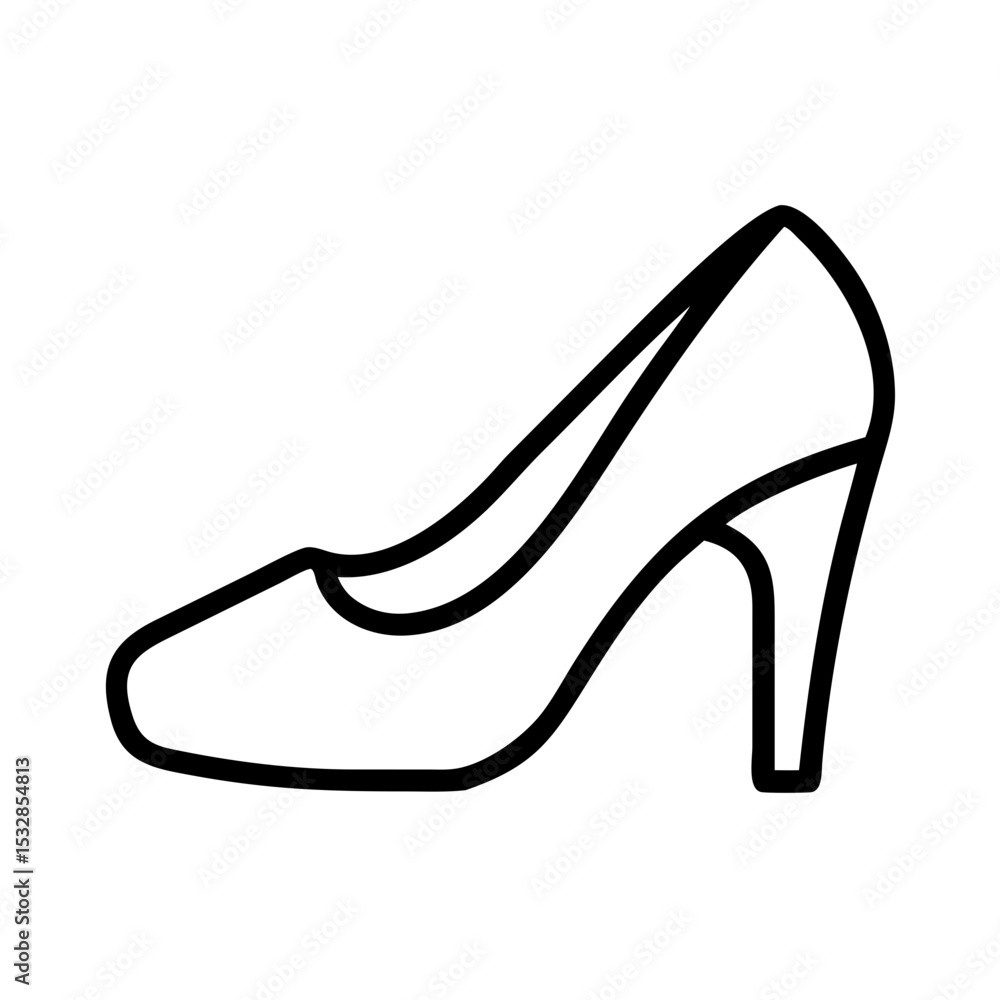 A simple outline drawing of a high heeled shoe with a pointed toe and a curved arch design element A simple outline drawing of a high heeled shoe with a pointed toe and a curved arch design element