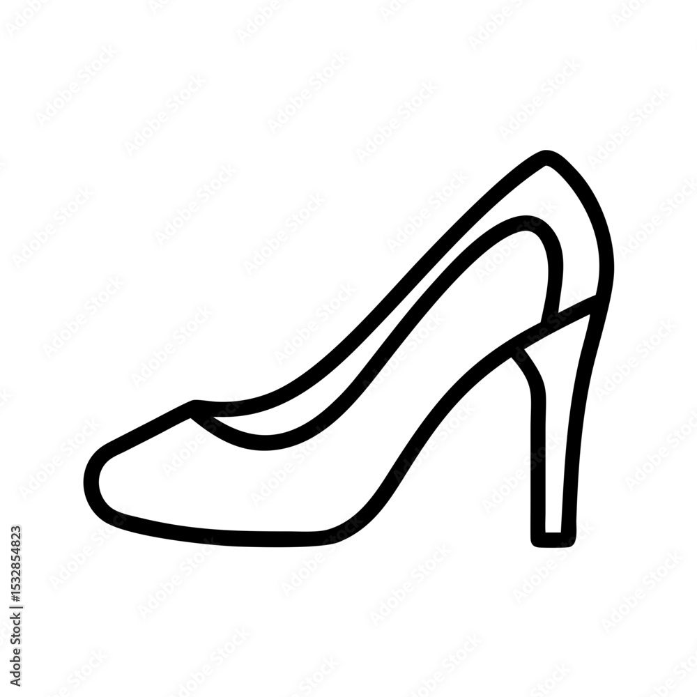 Outline drawing of a high heeled shoe with a pointed toe and thin heel on a white background image here Outline drawing of a high heeled shoe with a pointed toe and thin heel on a white background image here