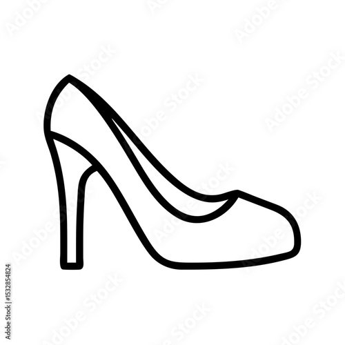 A simple outline drawing showing a high heeled shoe with a pointed toe and thin heel design here