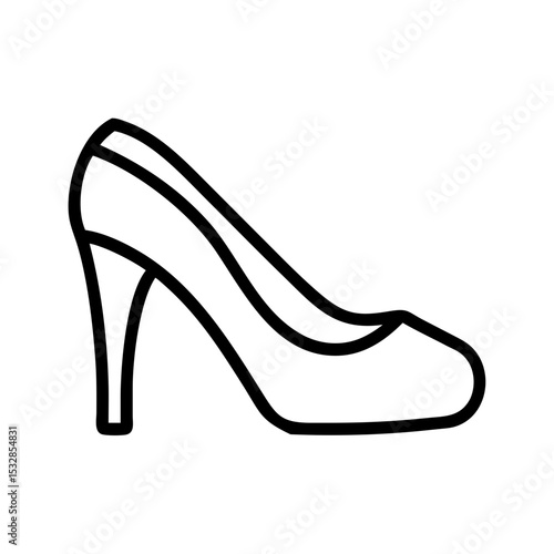 Outline drawing of a single high heeled shoe with a pointed toe and a curved heel shape design item