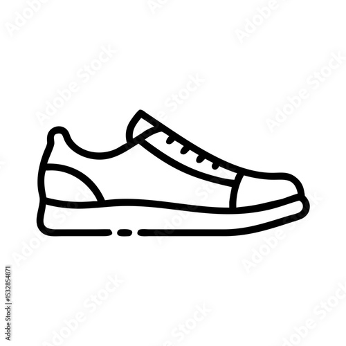 A simple line drawing of a casual sneaker with laces and a thick sole on a white background image