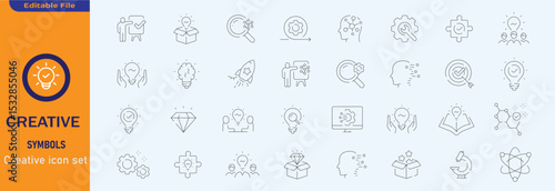 Creative idea line icon set. Innovation, lightbulb, solution, inspiration etc. Editable stroke
