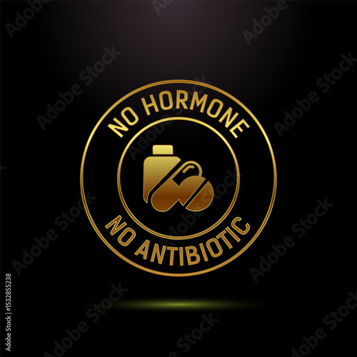 Antibiotic free icon design illustration, No antibiotic label badge in gold color style