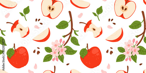 Flower seamless pattern with red Apples and bloom Branch. Repeating white background with fruits harvest and blossom plants. Hand drawn vector botanical illustration for design, print, paper, card
