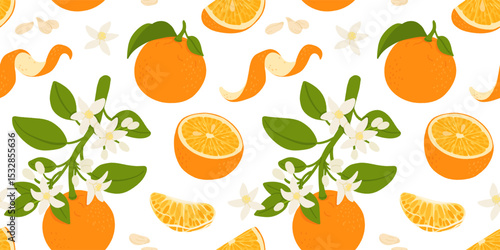 Orange fruit. Pattern of oranges on a white background. Whole orange fruit, cut in half and into slices. The design is great for wallpaper, fabric, labels, packaging.