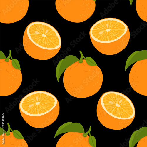 Orange fruit. Pattern of oranges on a black background. Whole orange fruit, cut in half and into slices. The design is great for wallpaper, fabric, labels, packaging.