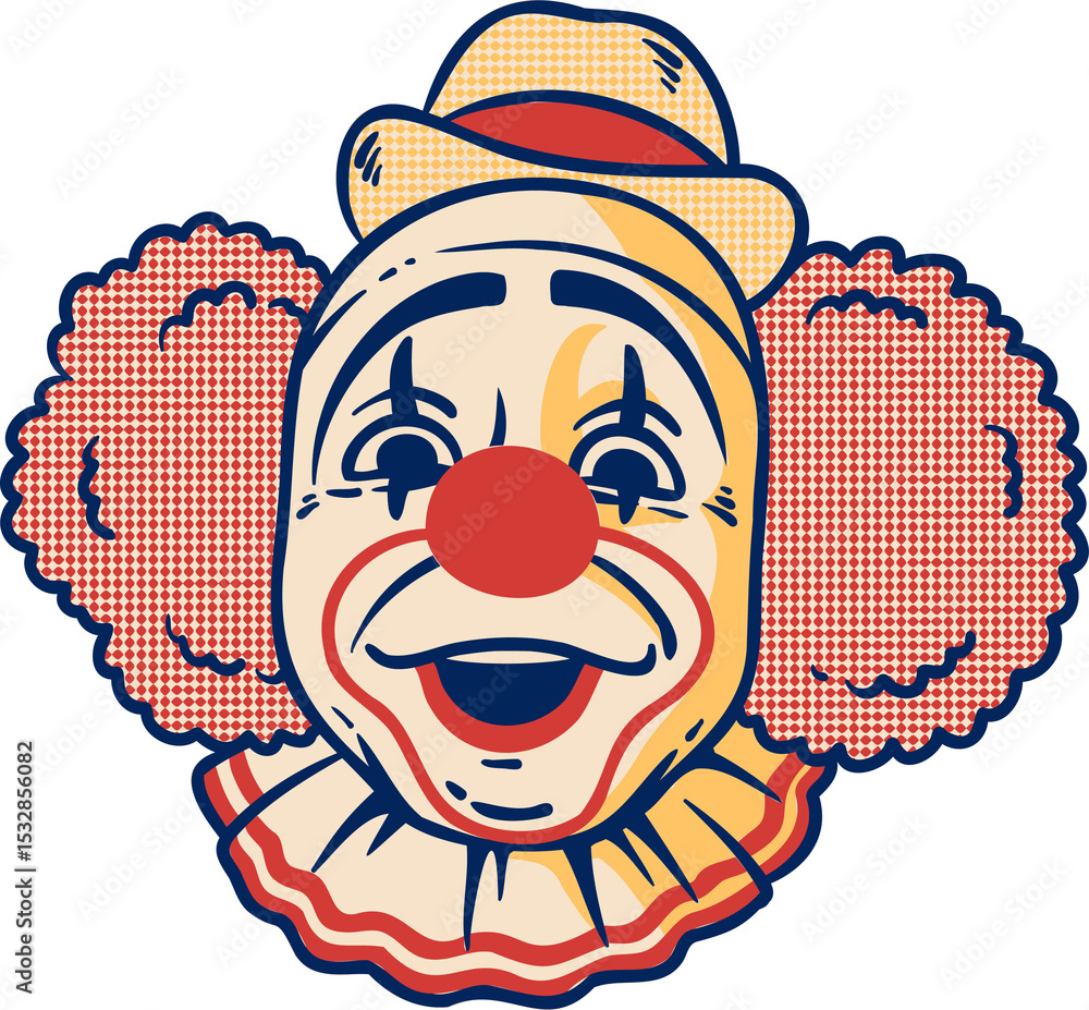Naklejka premium Stylized clown face is showing pop art, red nose, straw hat, ruffled collar, transparent background