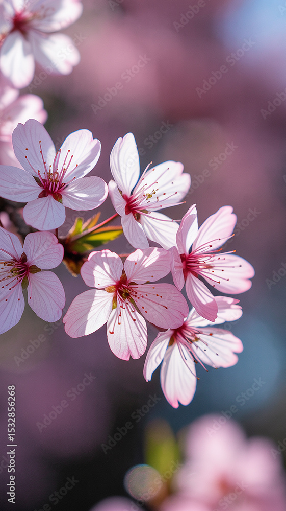 Fototapeta premium Closeup of Delicate Pink Cherry Blossoms in Spring Sunlight