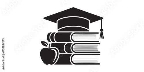 Graduation cap on stack of books with apple