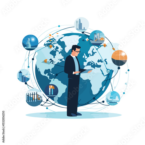 Global Male Communication Network Concept Illustration on White Background