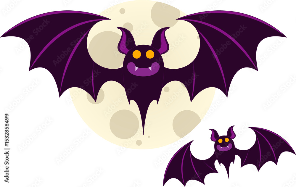Naklejka premium Two stylized purple bats are flying under full moon in cartoon illustration, transparent background