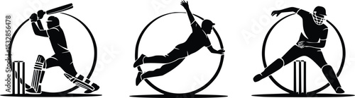 Dynamic Cricket Action Silhouettes Batsman Bowler Wicketkeeper Sport Graphics Design