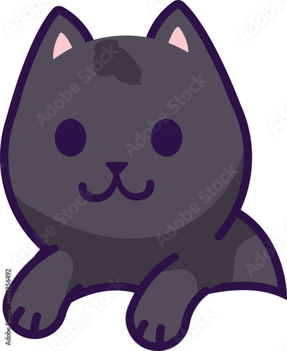 Fototapeta Naklejka Na Ścianę i Meble -  Dark gray cartoon cat is resting on transparent background in flat design, featuring purple outline