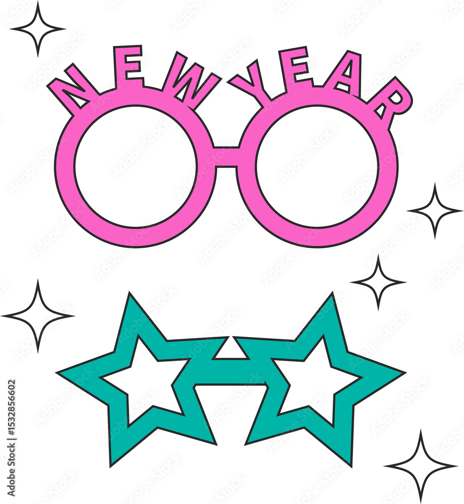 Naklejka premium Vector showing party glasses with sparkles on transparent background with pink New Year, teal stars