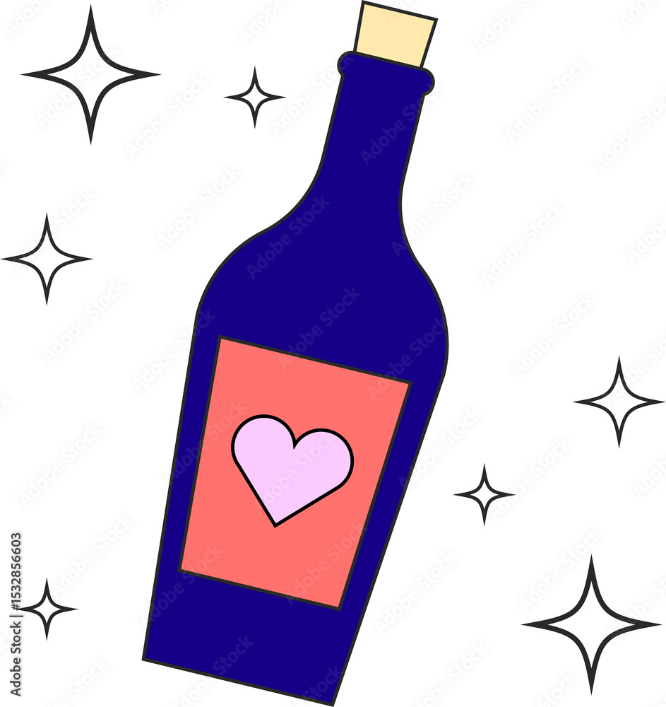 Naklejka premium Dark blue corked bottle is showing flat, coral-red pink-heart label and star sparkles, transparent
