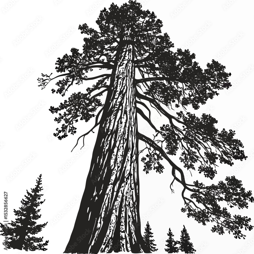 Majestic redwood tree illustration in black and white