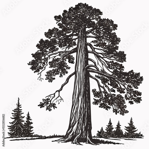 Majestic redwood tree ink drawing illustration