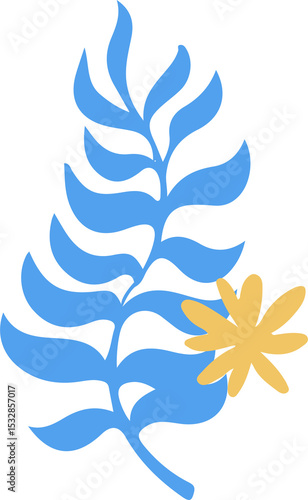 Fototapeta Naklejka Na Ścianę i Meble -  Flat design is showing stylized blue fern branch with yellow daisy flower on transparent background